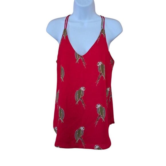 Parrot Print Red Tank Top V-Neck Spaghetti Straps babydoll chic birds work wear - Picture 1 of 5